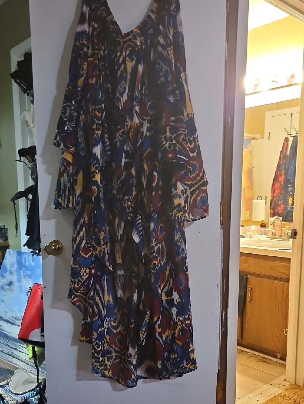 Ashley Stewart Asymmetrical Printed Maxi Dress in Navy, Burgundy and Tan